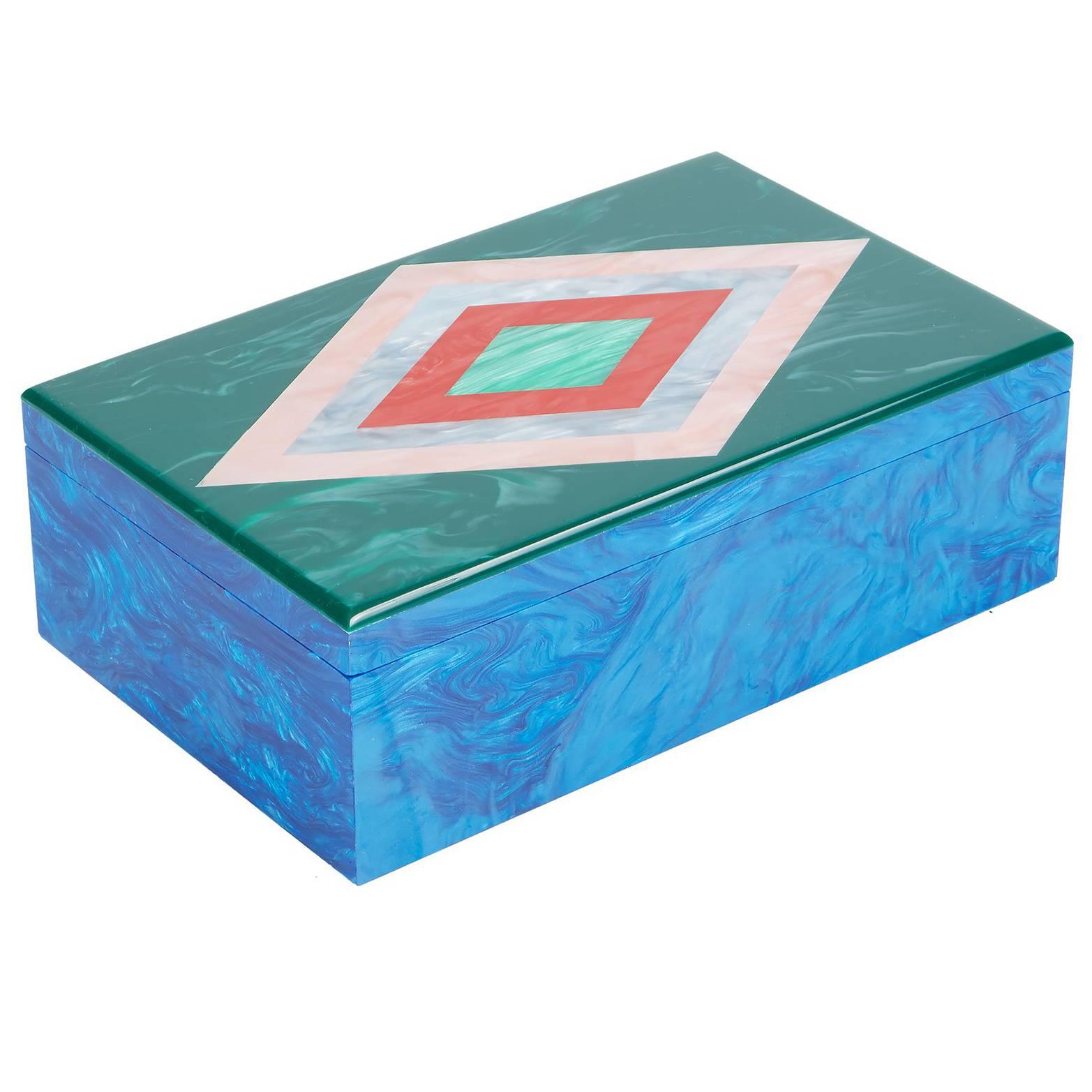 Edie Parker Home Diamond Box in Ocean Blue Pearlescent and Malachite Acrylic For Sale