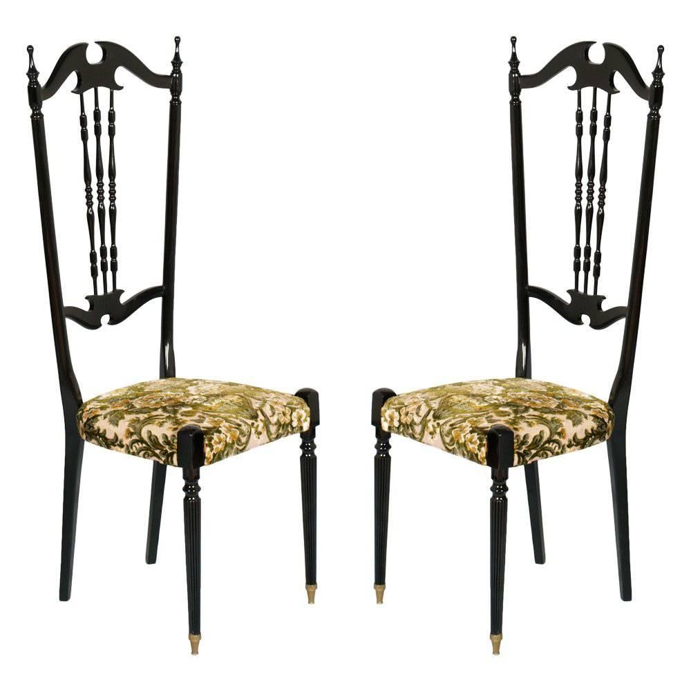 Italian Pair of Chiavari High Back Chairs by Gaetano Descalzi, Ebonized Mahogany