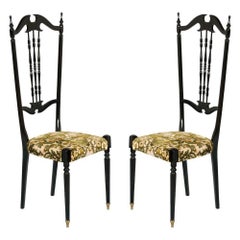 Italian Pair of Chiavari High Back Chairs by Gaetano Descalzi, Ebonized Mahogany