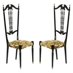 Antique Italian Pair of Chiavari High Back Chairs by Gaetano Descalzi, Ebonized Mahogany