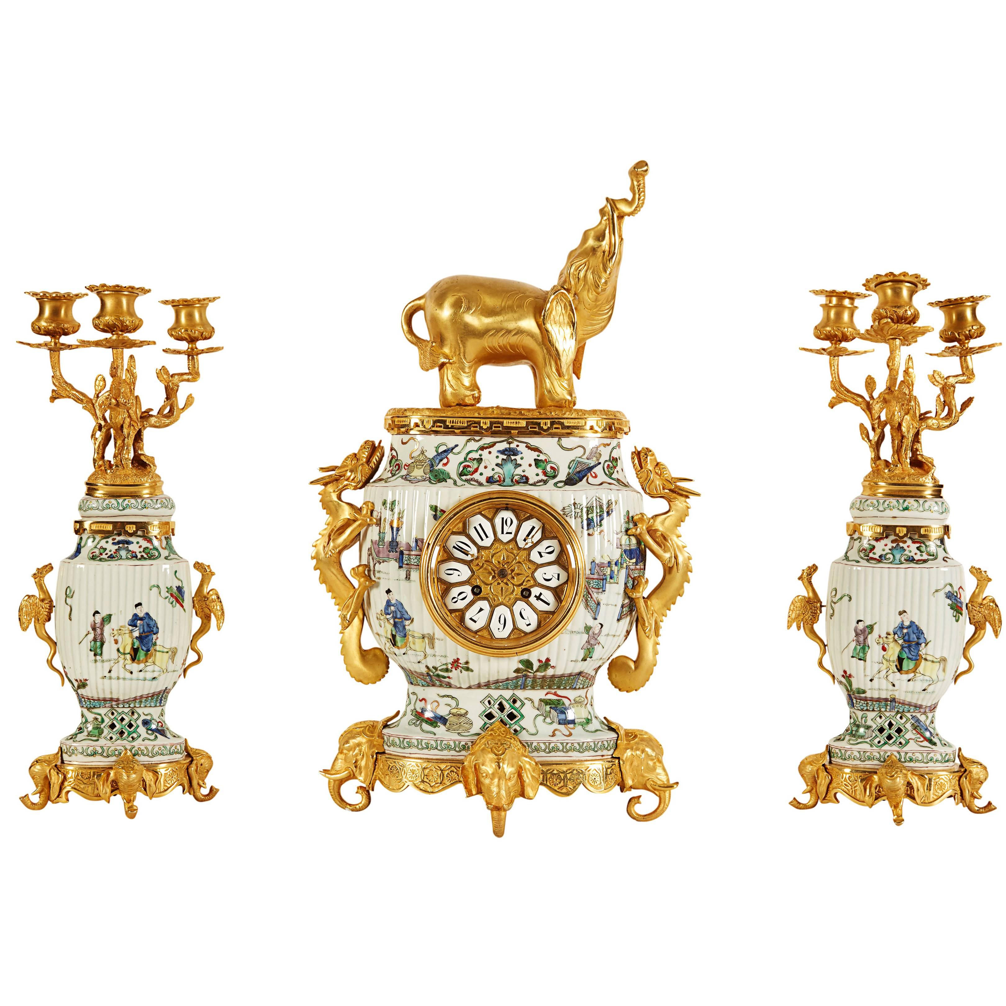 French Japonisme Ormolu-Mounted Chinese Famile Verte Porcelain Clock Garniture