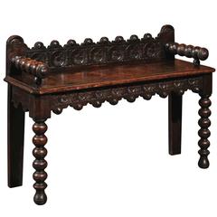 English Carved Oak Window Bench with Bobbin Legs from 19th Century