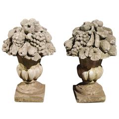 Pair of French Stone Fruit, Flowers and Médicis Vase Sculptures, circa 1920 3