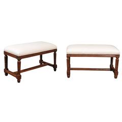 Pair of Italian Walnut Upholstered Wooden Benches from the Early 19th Century