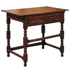 19th Century, English Oak Side Table with Turned Legs and Drawer