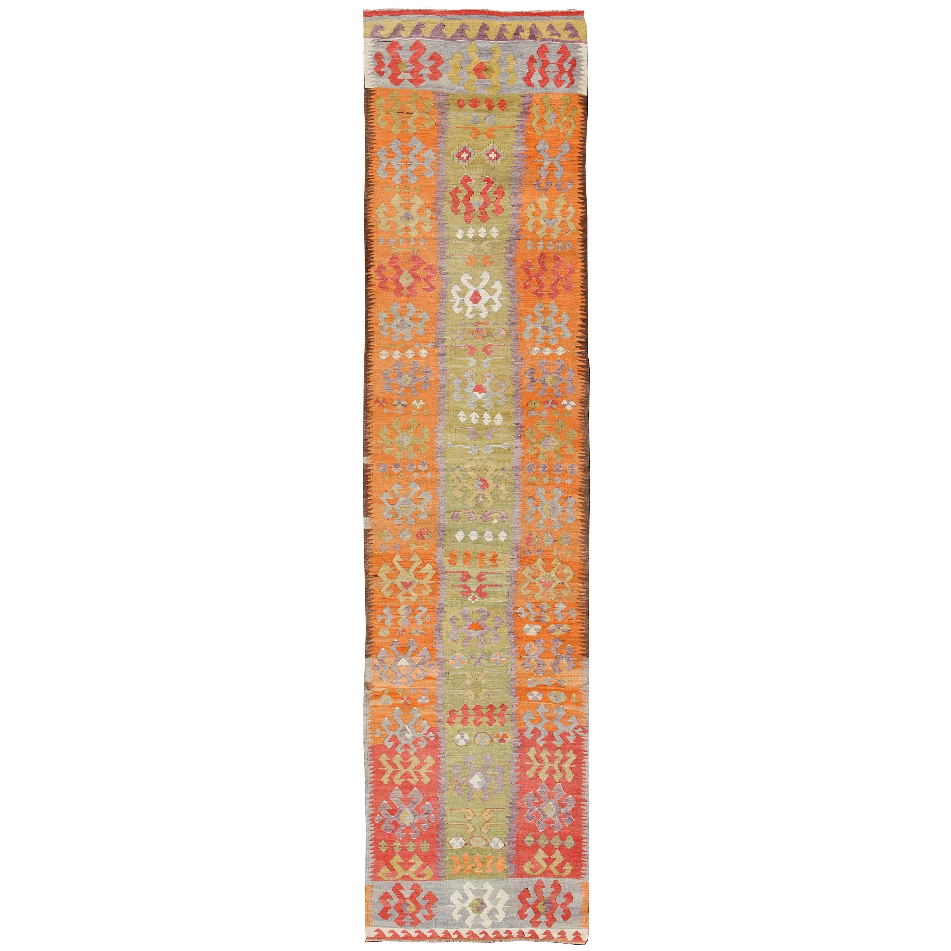 Long Kilim Runner with Tribal Design in Citron Green, Red and Orange