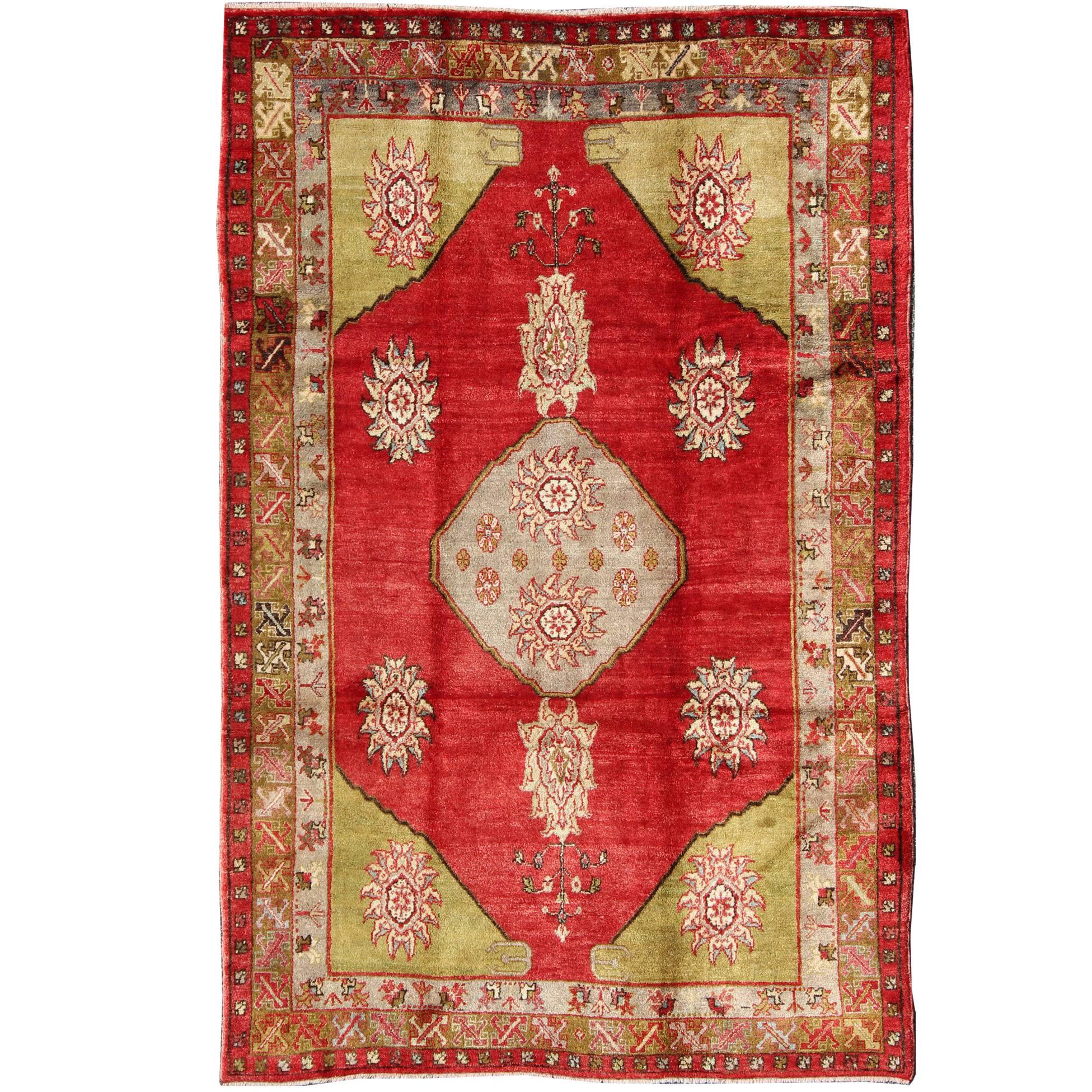 Turkish Konya Rug With Medallion in Red, Lime Green, Gray, Yellow, and Ivory  For Sale