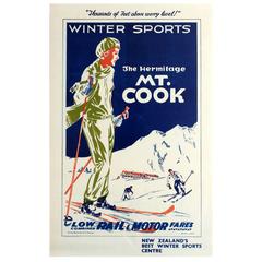 Rare Original Vintage Winter Sport Poster for The Hermitage Mt. Cook New Zealand