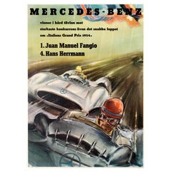 Vintage Original Italian Grand Prix Mercedes Benz Victory Poster by Fangio and Herrmann