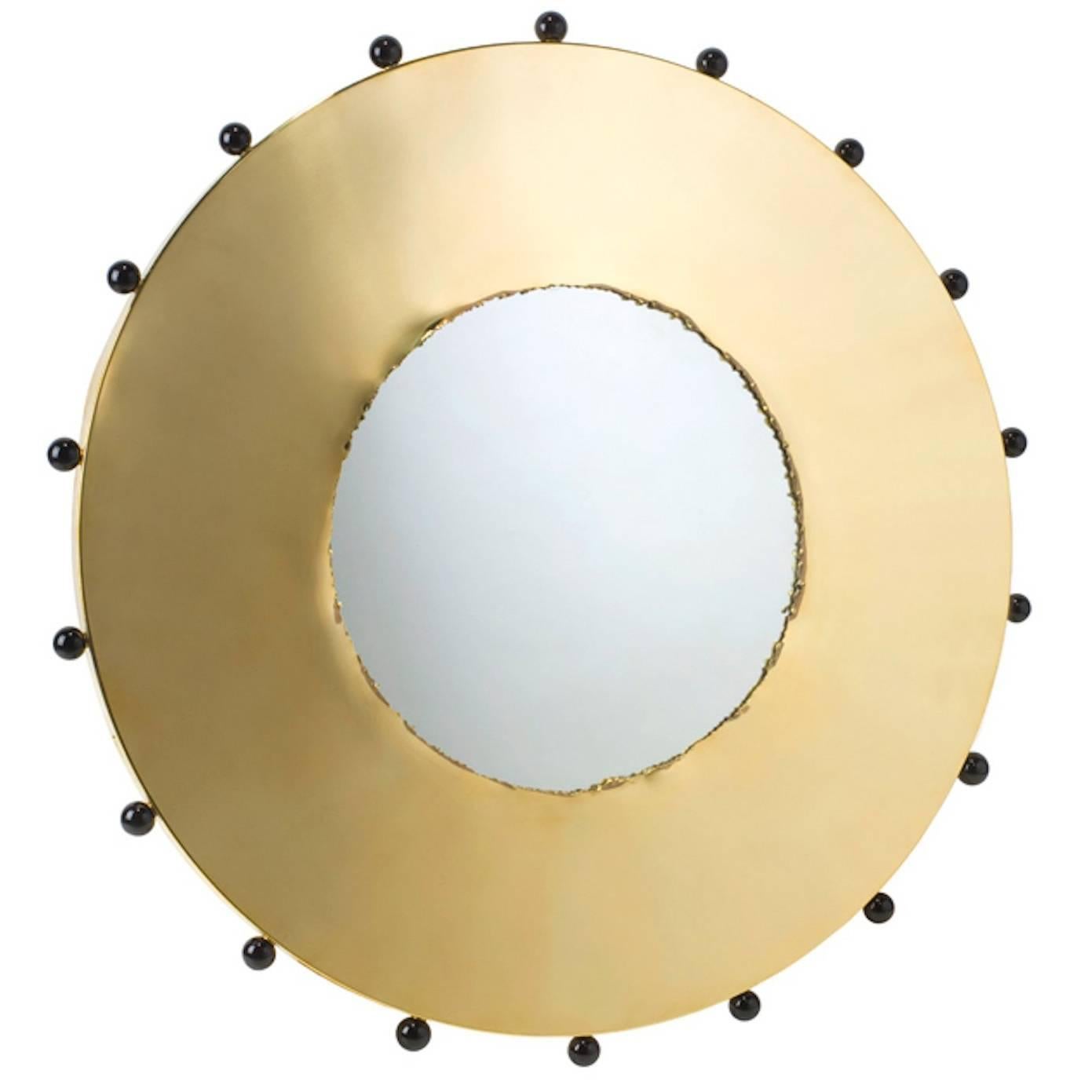 Polished Brass Mirror with Black Murano Glass Balls