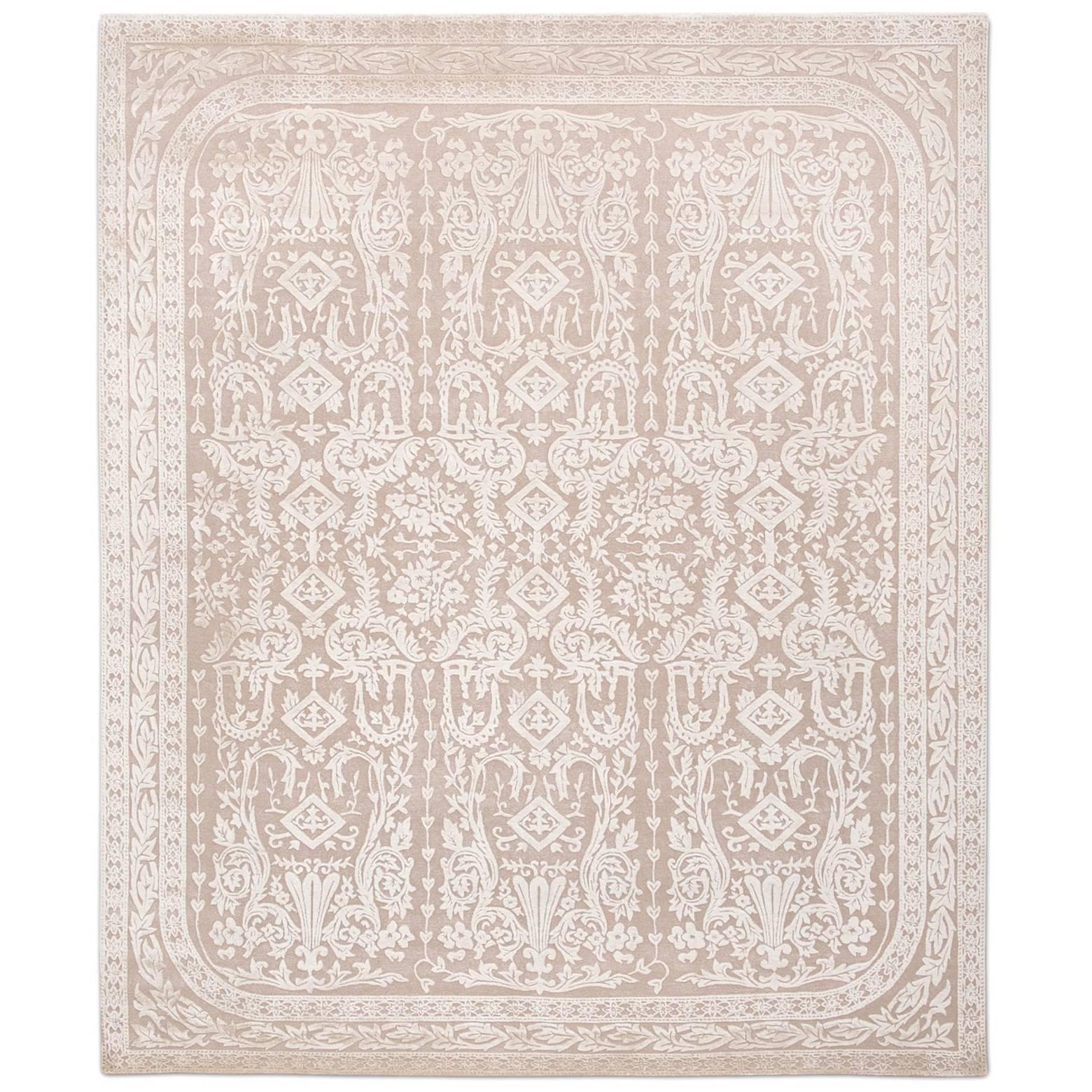 'Venetian_Blush', Hand-Knotted Tibetan Classic Rug Wool & Silk Made in Nepal For Sale