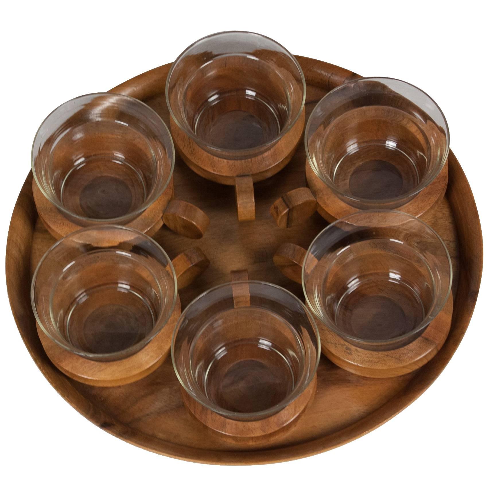 Walnut Serving Tray with Glass Cups, Austrian, 1960s For Sale