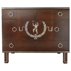 Scandinavian Modern Three-Drawer Chest with Pewter Inlay Figure and Details