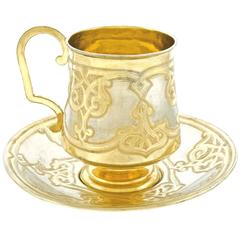 Antique Sterling Silver Parcel-Gilt Tea Cup and Saucer, circa 1875, Moscow Russia