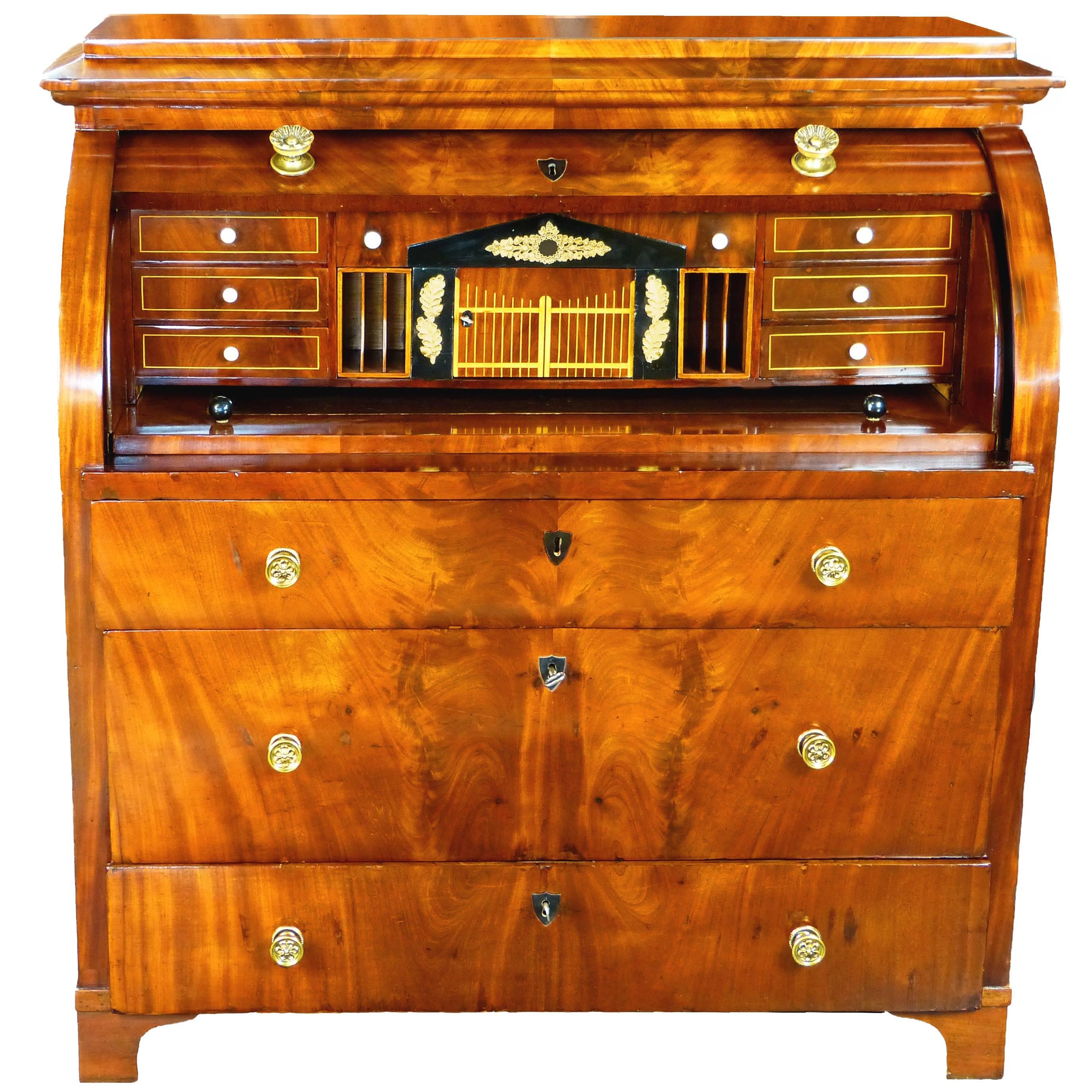 19th Century Biedermeier Cylinder Top Bureau Desk