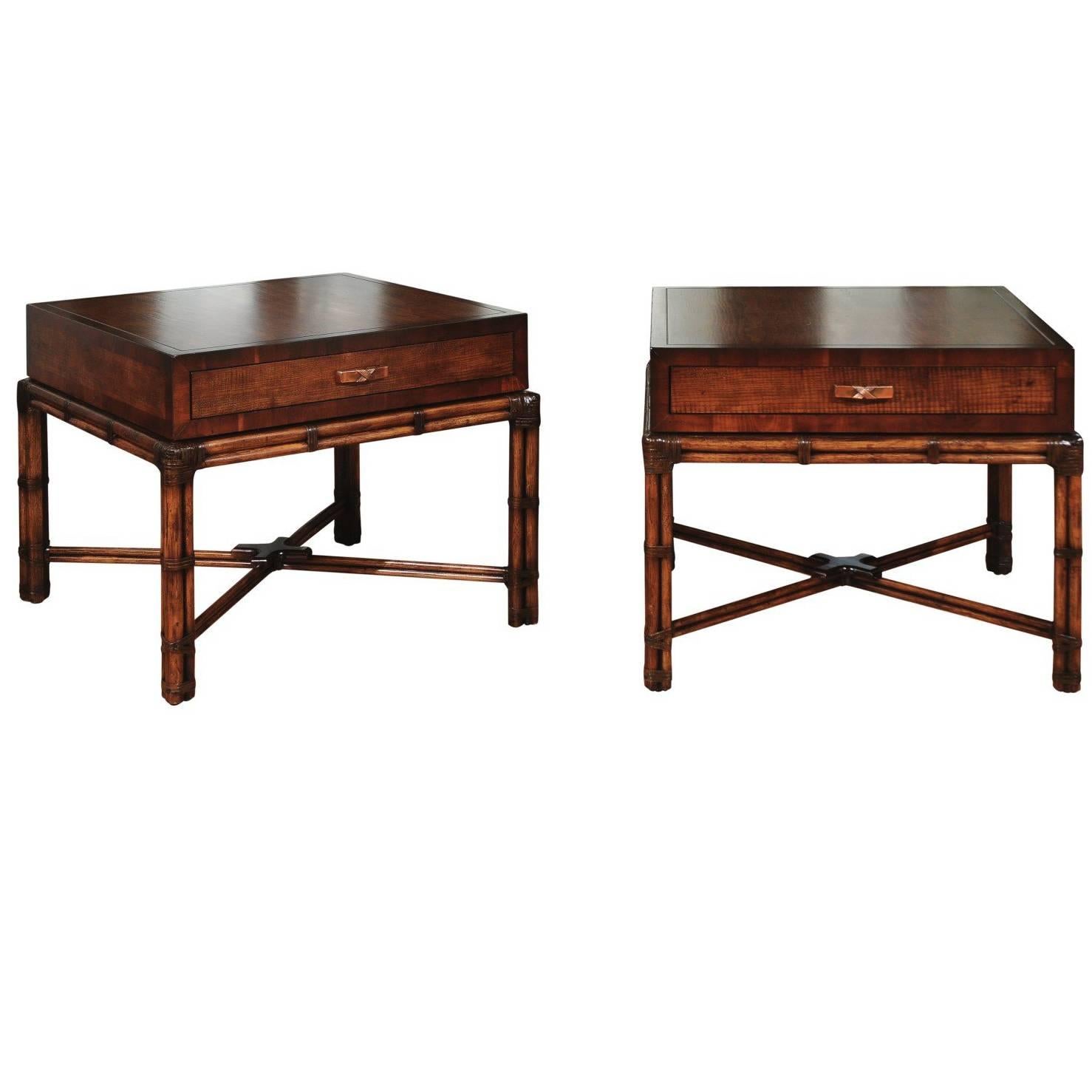 Beautiful Restored Pair of Large-Scale Vintage Campaign End Tables by Henredon For Sale