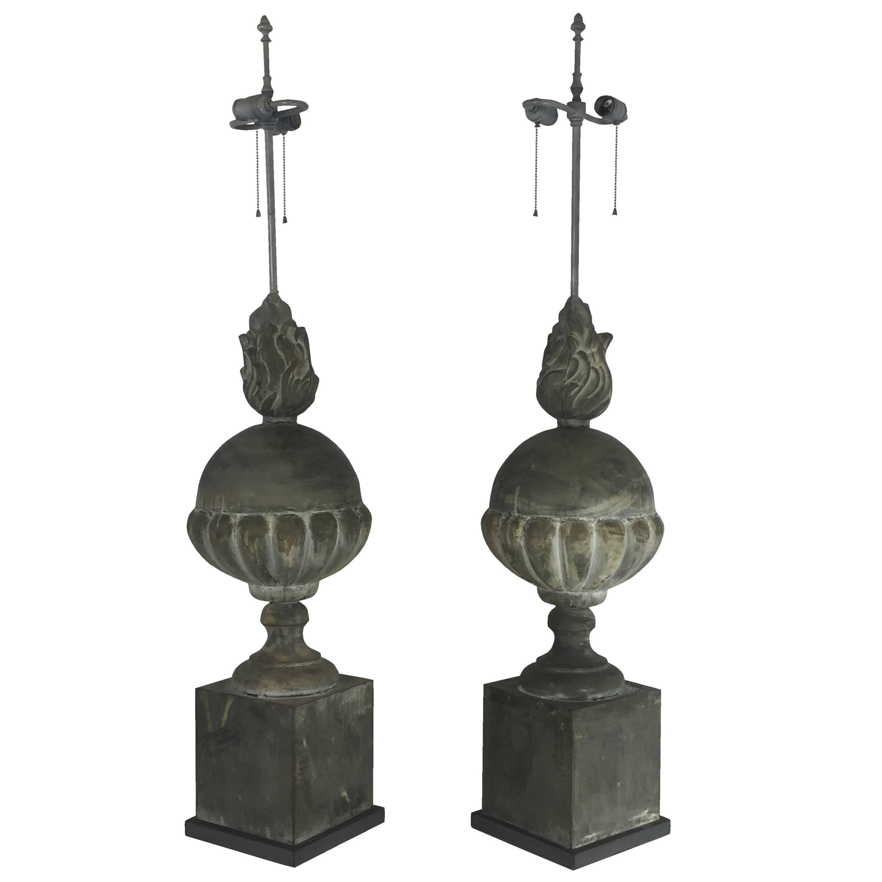 Architectural Zinc Table Lamps of a Substantial Size in the Style of Parzinger