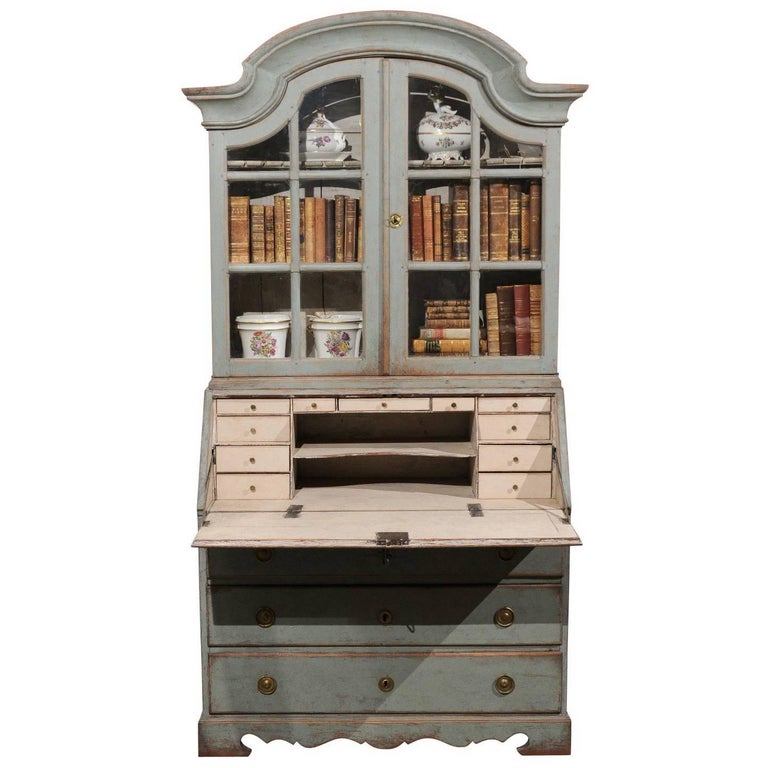 Swedish 1890s Rococo Style Painted Wood Tall Secretary With Glass Swedish 1890s Rococo Style Painted Wood Tall Secretary With Glass Doors Cabinet For
