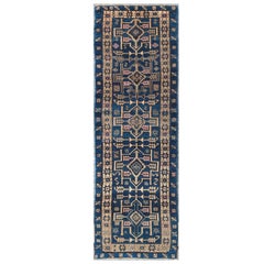 oushak runner blue Blue Turkish Oushak Runner with Geometric Motifs in Navy, Sand and Salmon Tones