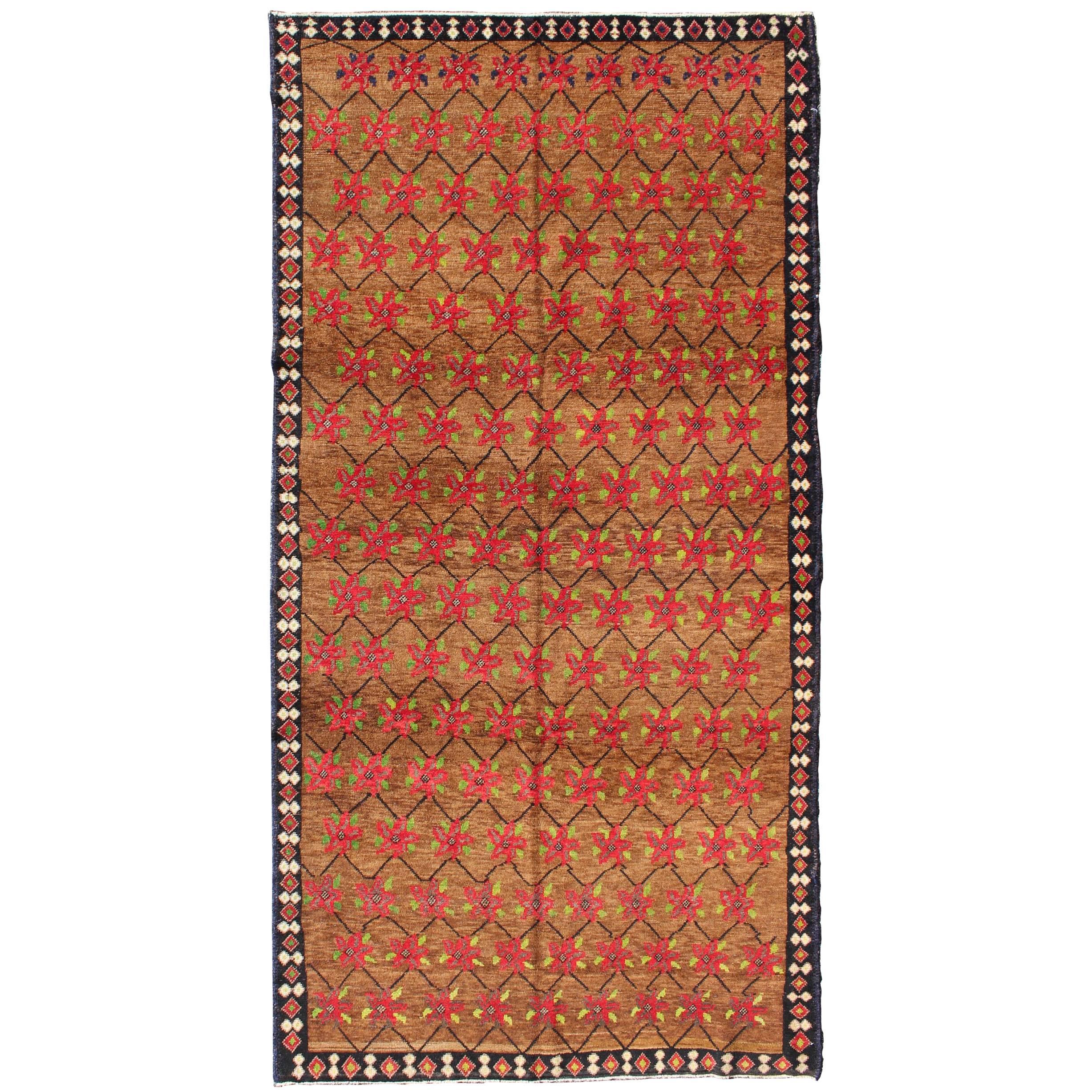Turkish Oushak  with Poinsettia Design Set Atop Light Brown Background For Sale
