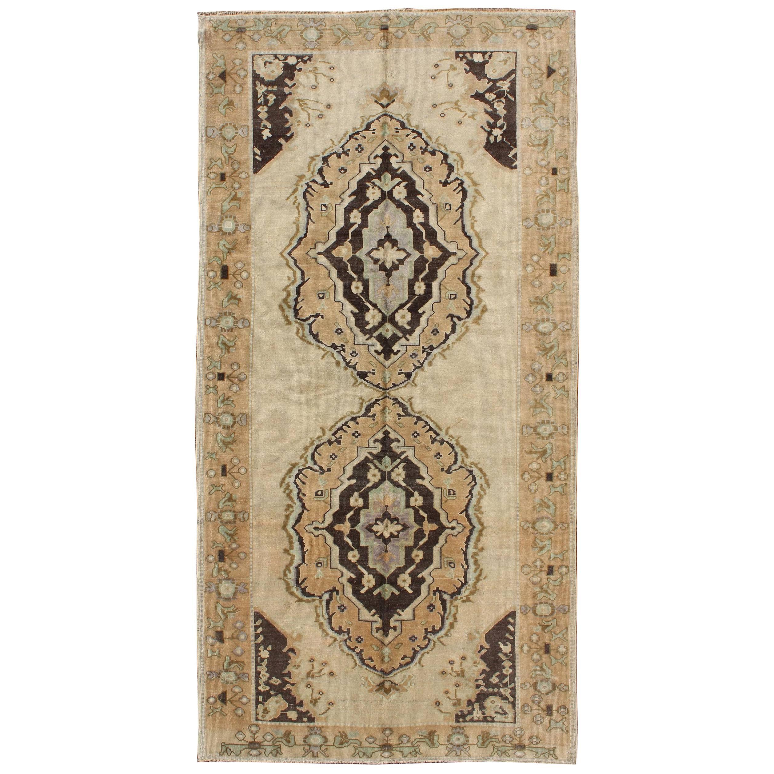 Vintage Turkish Oushak Gallery Rug with Two Medallions in Taupe, Brown and Cream