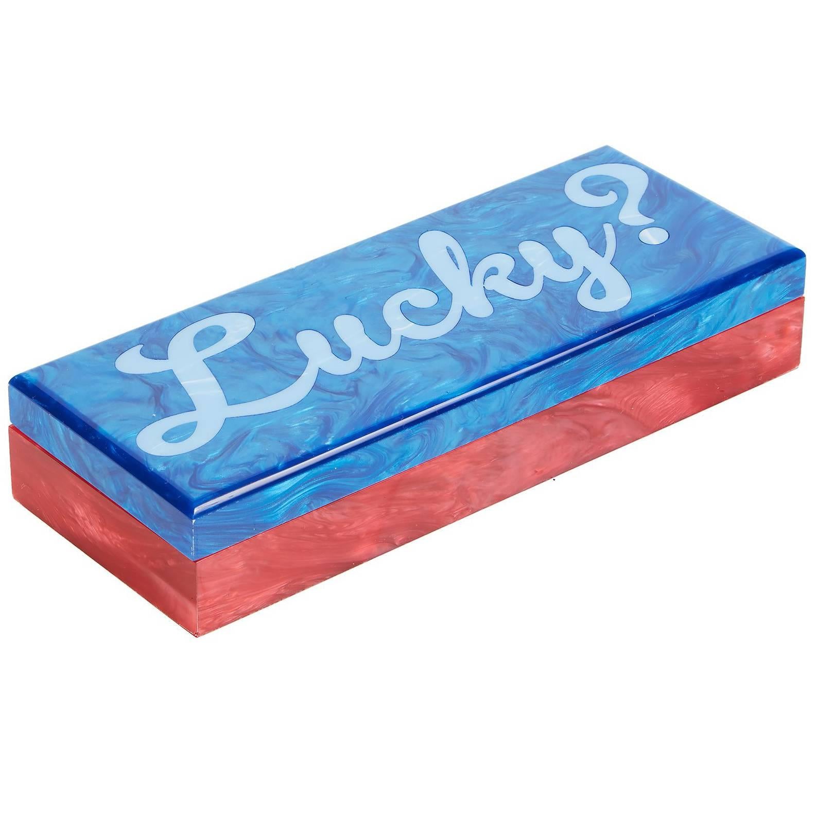 Edie Parker Home Card Box Lucky in Ocean Blue and Red Pearlescent For Sale