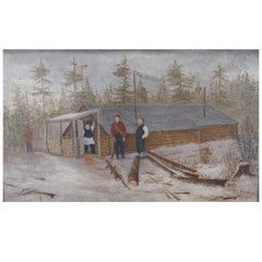 20th Century Naive Painting of Logging Scene with Four Male Woodsmen