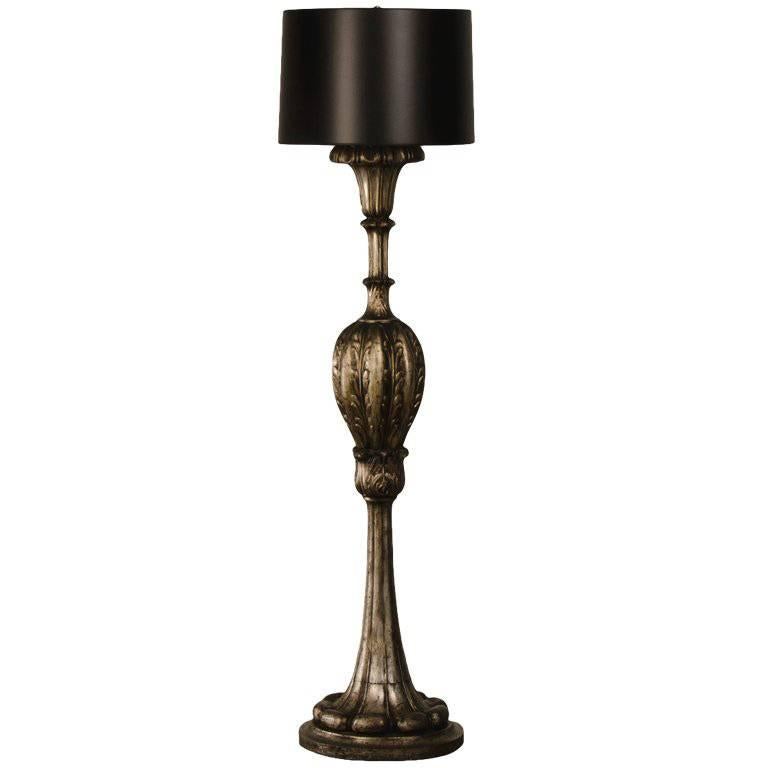 Antique Italian Silver Leaf Carved Wood Candle Stand Floor Lamp, circa 1900 For Sale