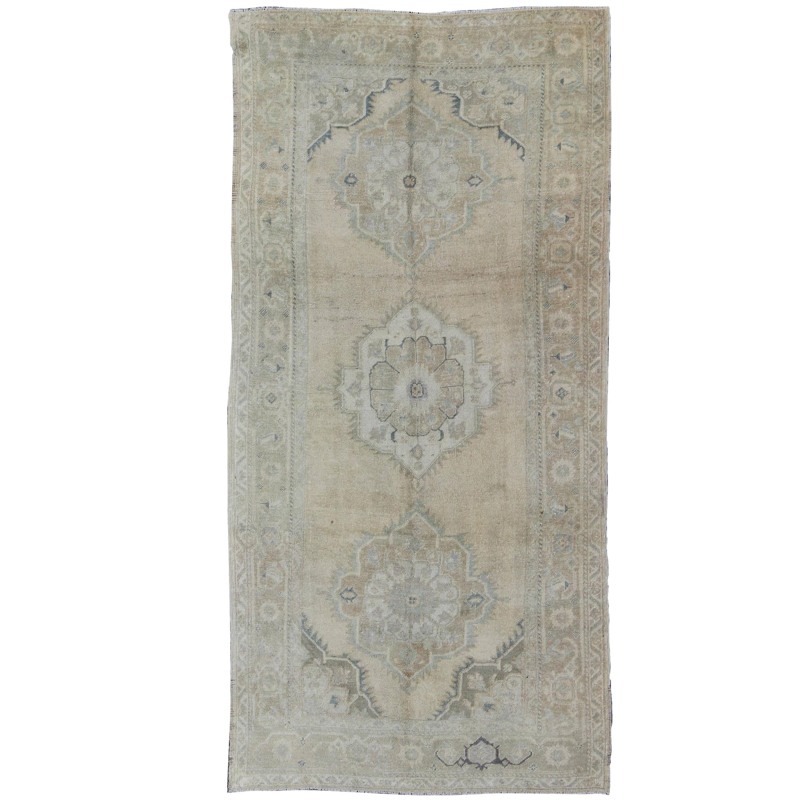Vintage Turkish Oushak Rug with Three Central Medallions in Taupe and Light Blue