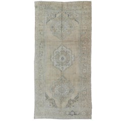 Vintage Turkish Oushak Rug with Three Central Medallions in Taupe and Light Blue