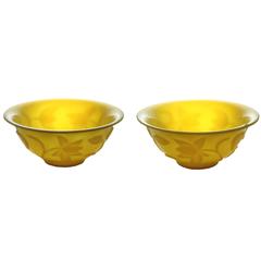 Chinese Pair of Imperial Yellow Monochrome Peking Glass Bowls