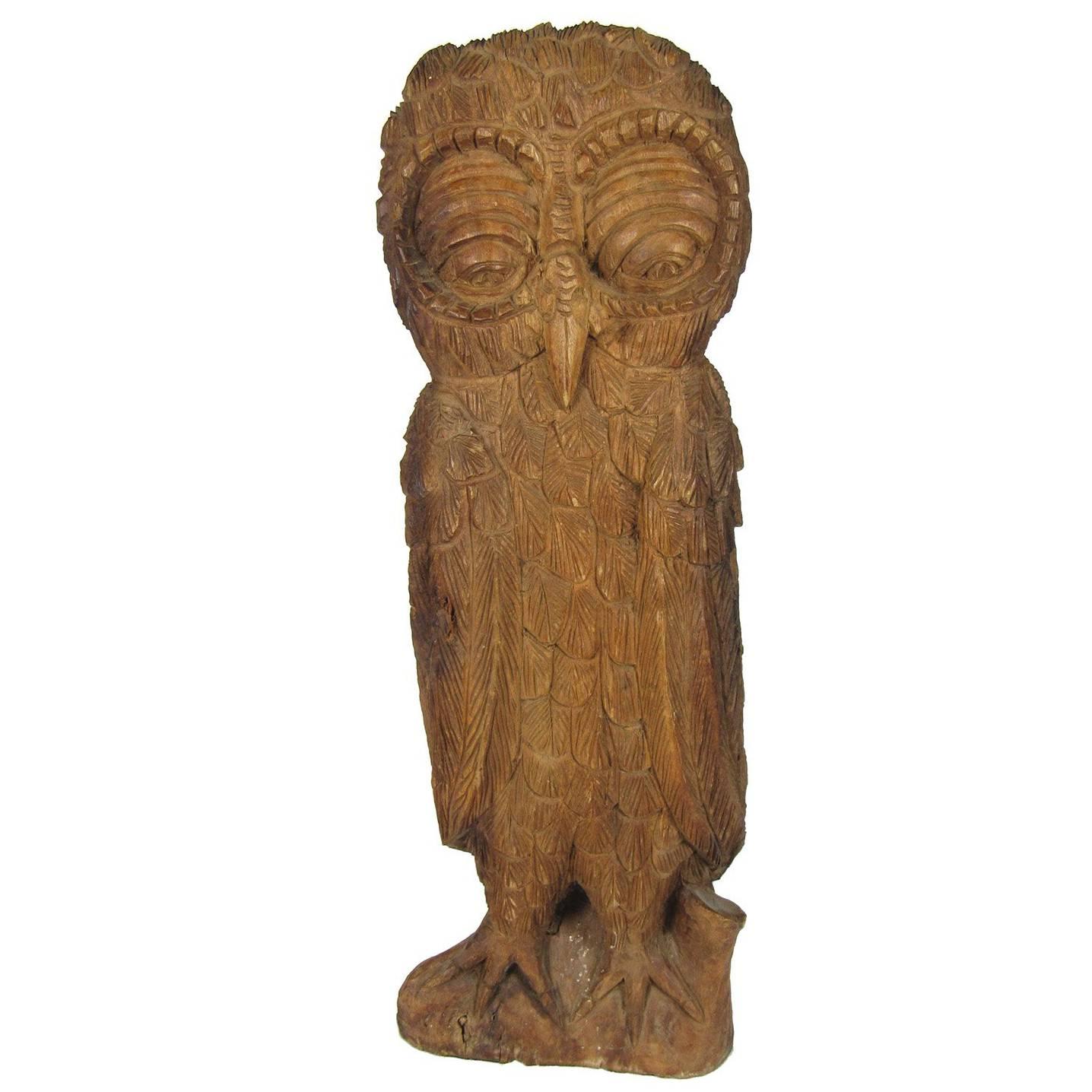 Antique Whimsical Late 19th or Early 20th Century Folk Art Carved Owl