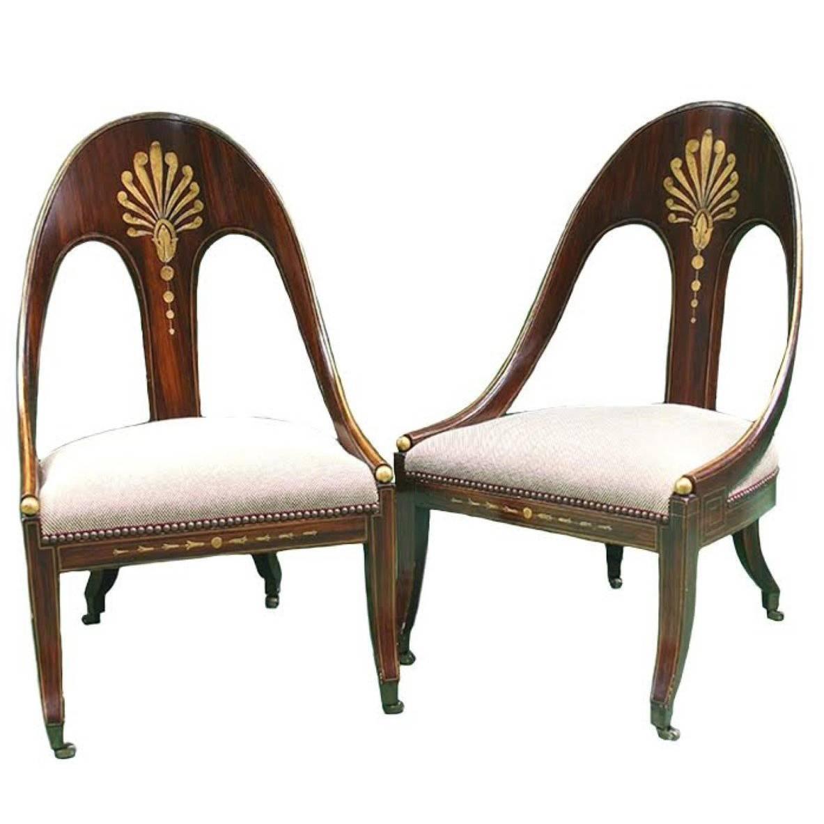 Pair of English George III Period Rosewood-Grained & Parcel-Gilt Spoonback Chair For Sale