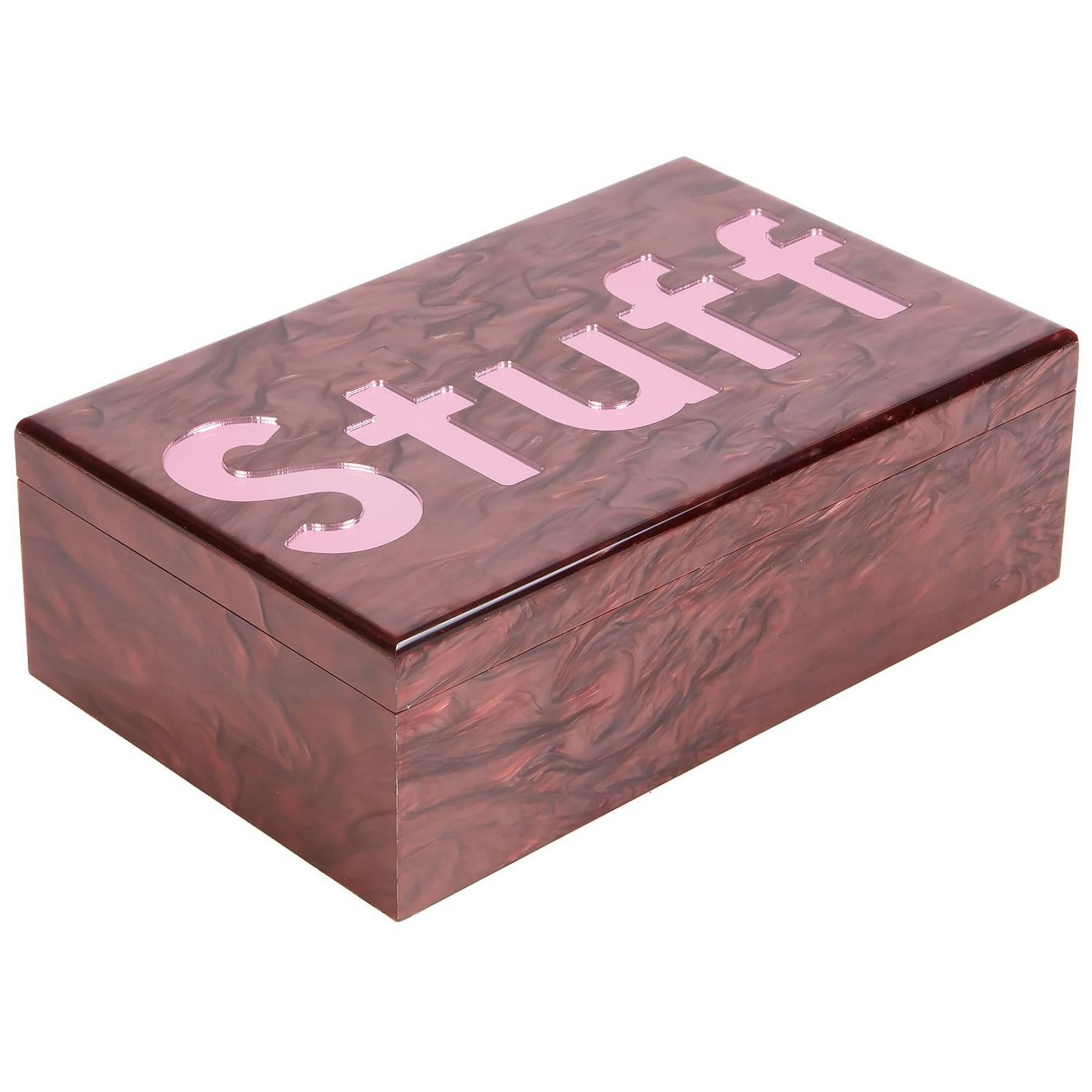 Edie Parker Stuff Box in Raisin Pearlescent with Pink Mirror Text For Sale