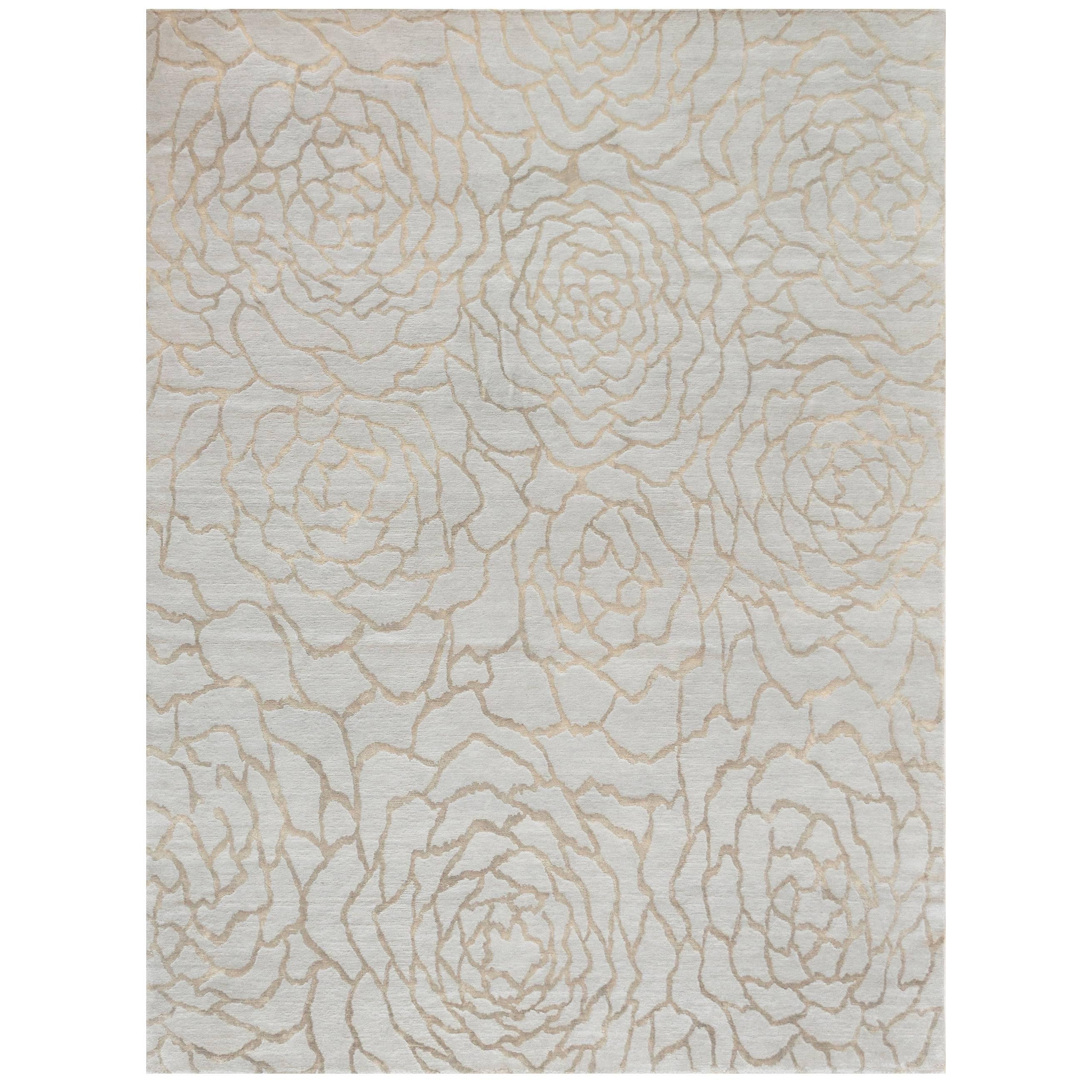Mansour Modern Handwoven Abstract Collection Wool and Silk Fleur Rug For Sale