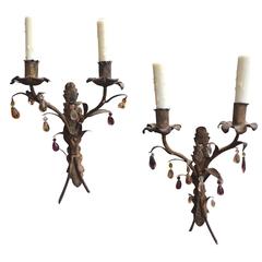 Pair of 20th Century Tole Bagues Gilded Sconces with Amethyst Prisms 7