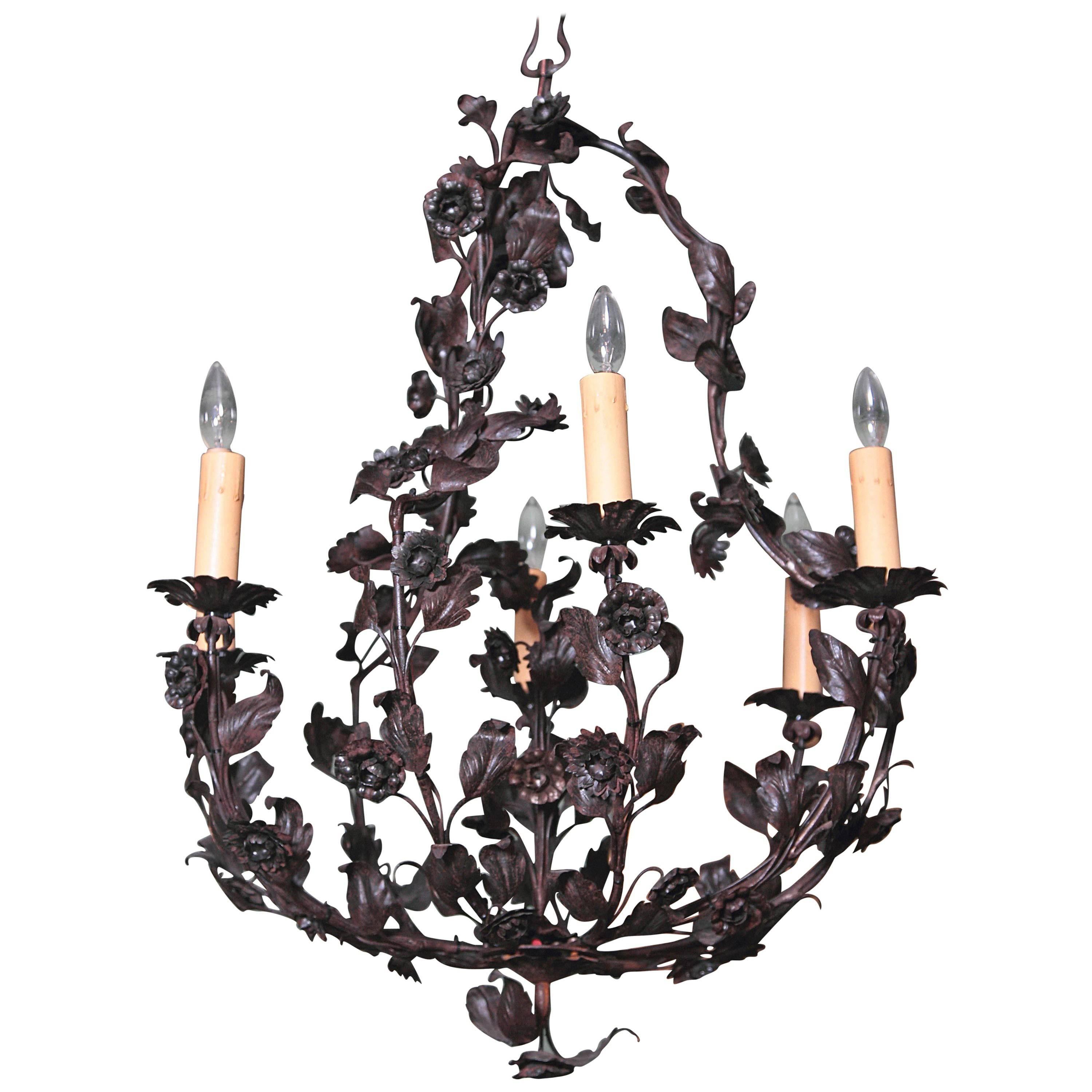 Early 20th Century French Six-Light Metal and Tole Chandelier with Flowers