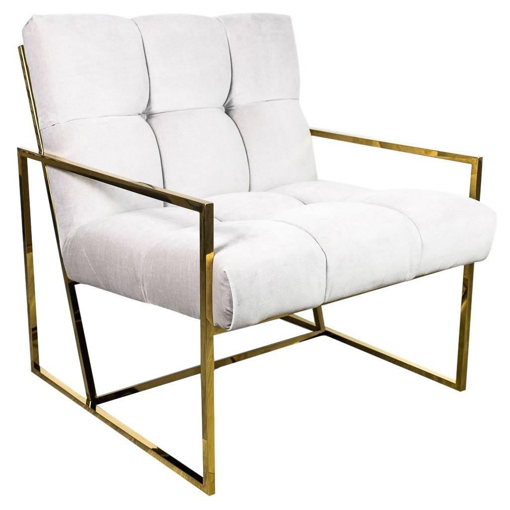 Mid-Century Modern Style Tufted Accent Chair in Cream Velvet with Brass Frame For Sale