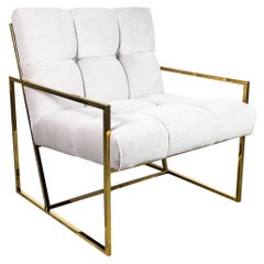 Mid-Century Modern Style Tufted Accent Chair in Cream Velvet with Brass Frame