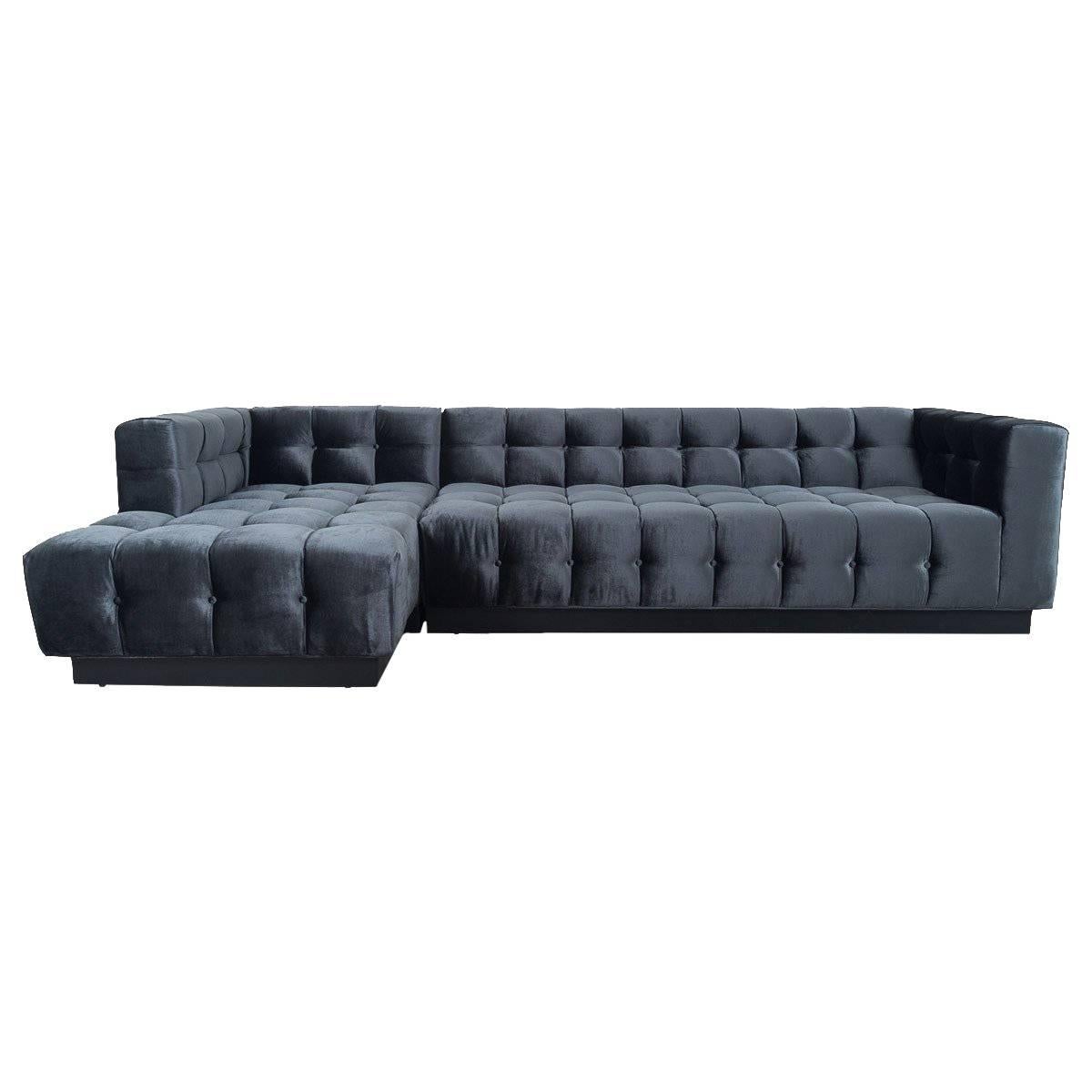Mid-Century Modern Style Sectional & Chaise Tufted in Black Velvet w/ Toe-Kick For Sale