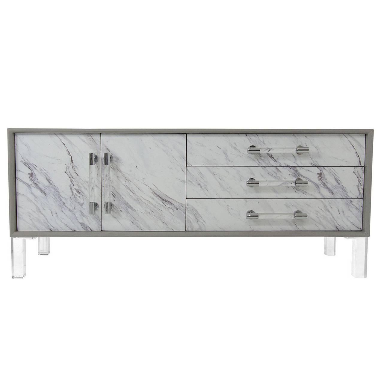 Greystone Lacquered Credenza with Carrara Marble Detail and Lucite Pulls & Legs For Sale