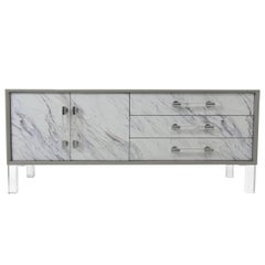 Greystone Lacquered Credenza with Carrara Marble Detail and Lucite Pulls & Legs
