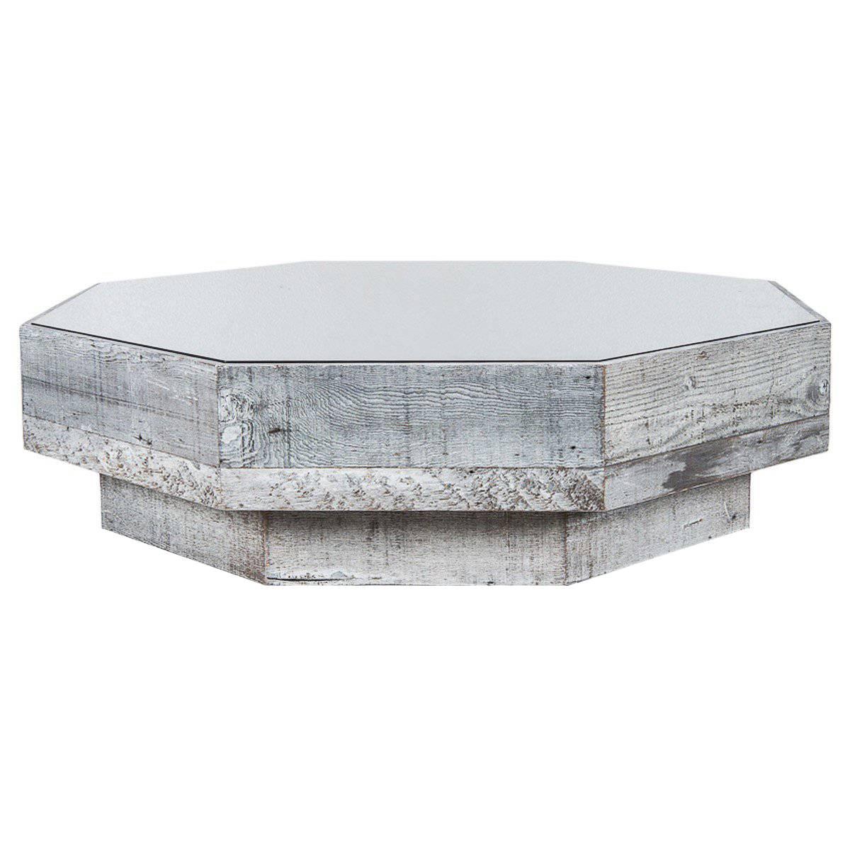 Rustic Modern Octagon Coffee Table in Recycled Bar Wood with Beveled Glass Top
