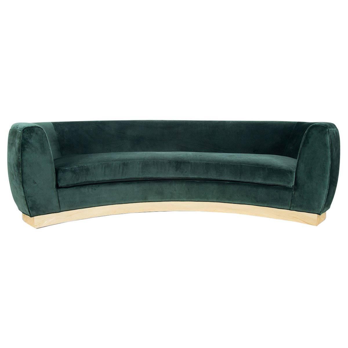 Art Deco Style St. Germain Curved Sofa in Velvet with Brass Toe-kick Base - 9 ft For Sale