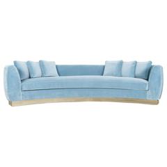 Modern Art Deco Curved Sofa in Capri Blue Velvet with Brass Base 2