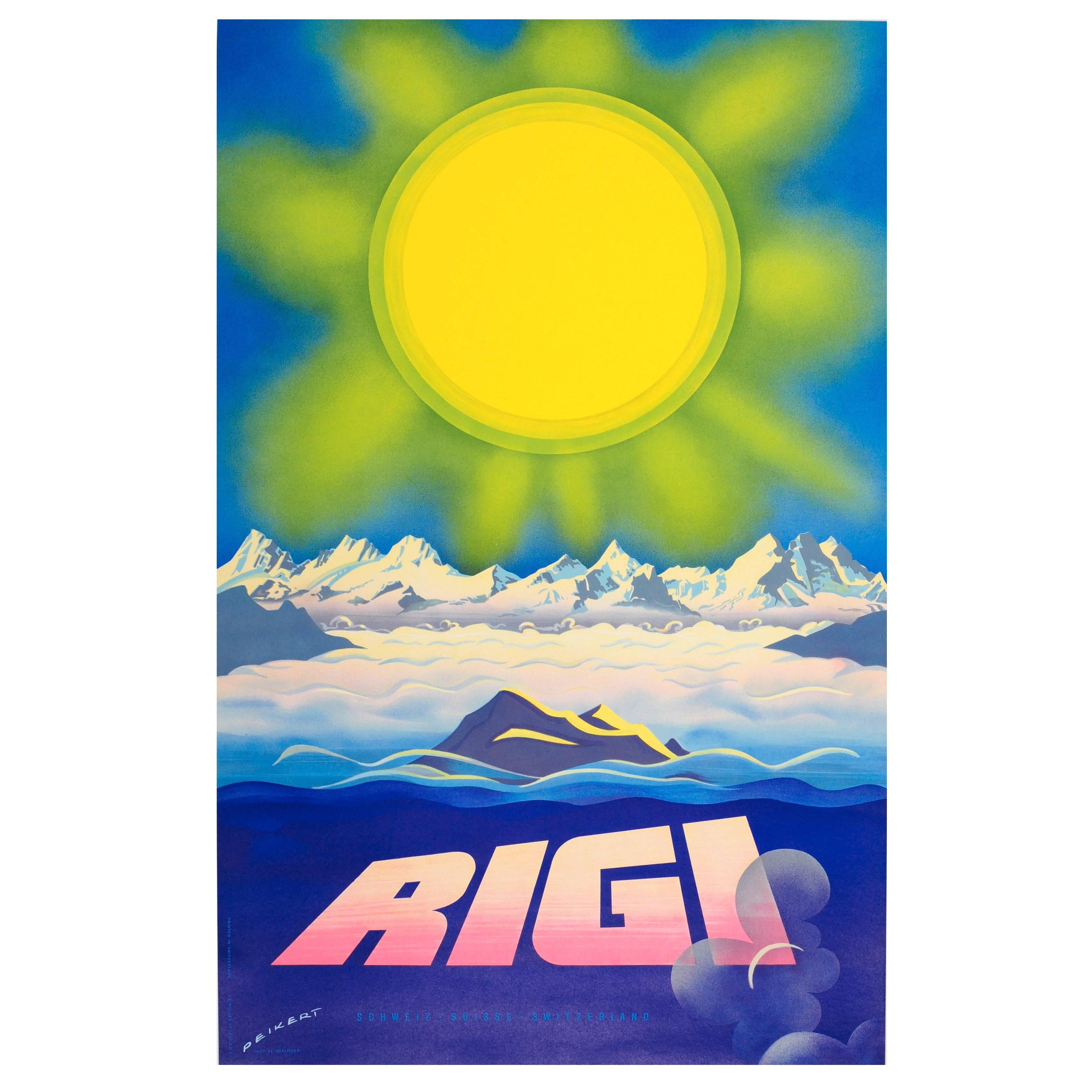 Affiche rétro originale de voyage publicitaire Rigi - Montagnes dans les Alpes suisses
