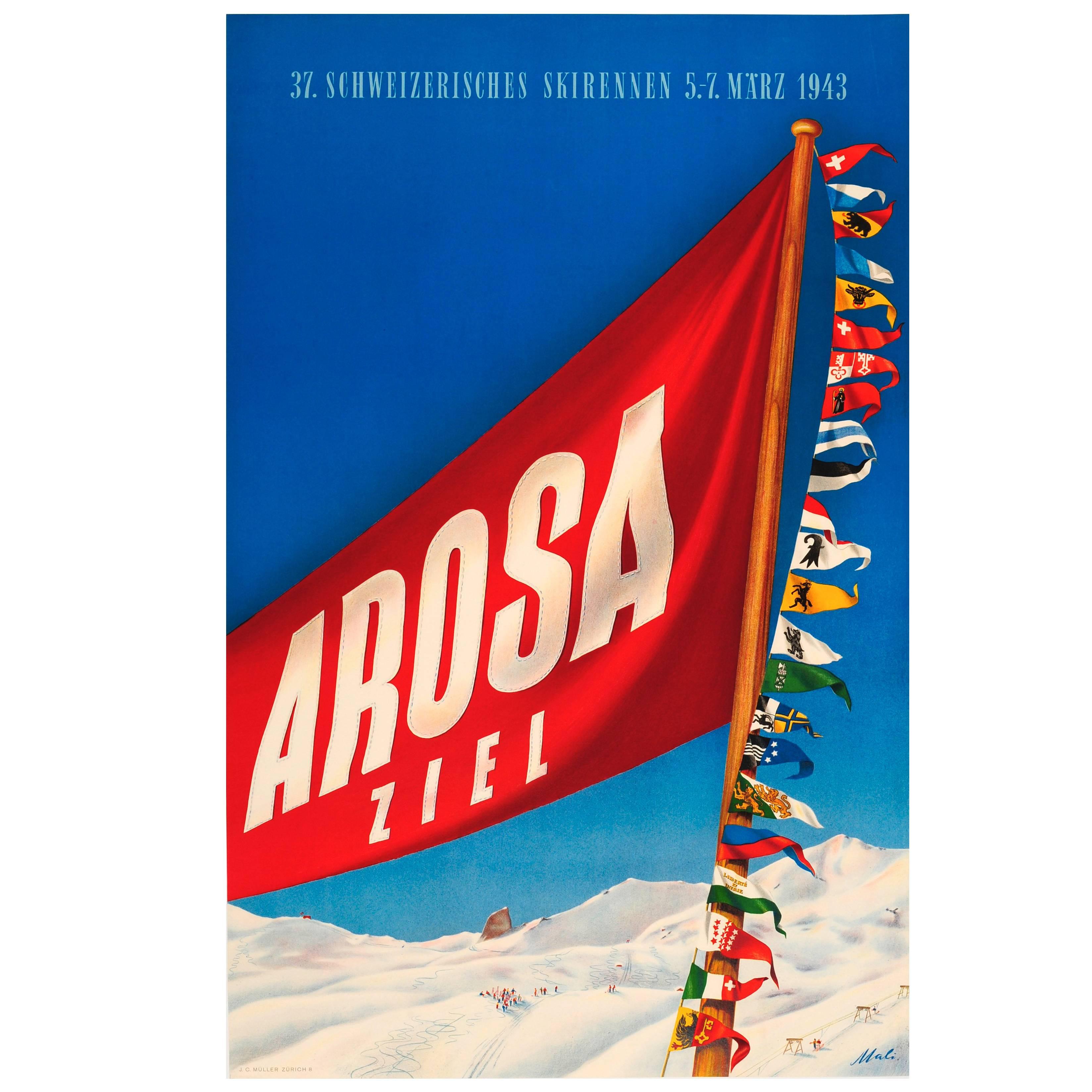 Original Vintage Skiing Event Poster for the 37 Schweizerisches Skirennen Arosa For Sale