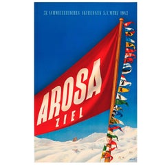 Original Vintage Skiing Event Poster for the 37 Schweizerisches Skirennen Arosa
