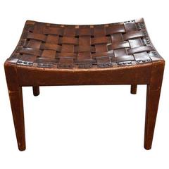 English Arts and Crafts Polished Oak and Leather Stool by Arthur Simpson