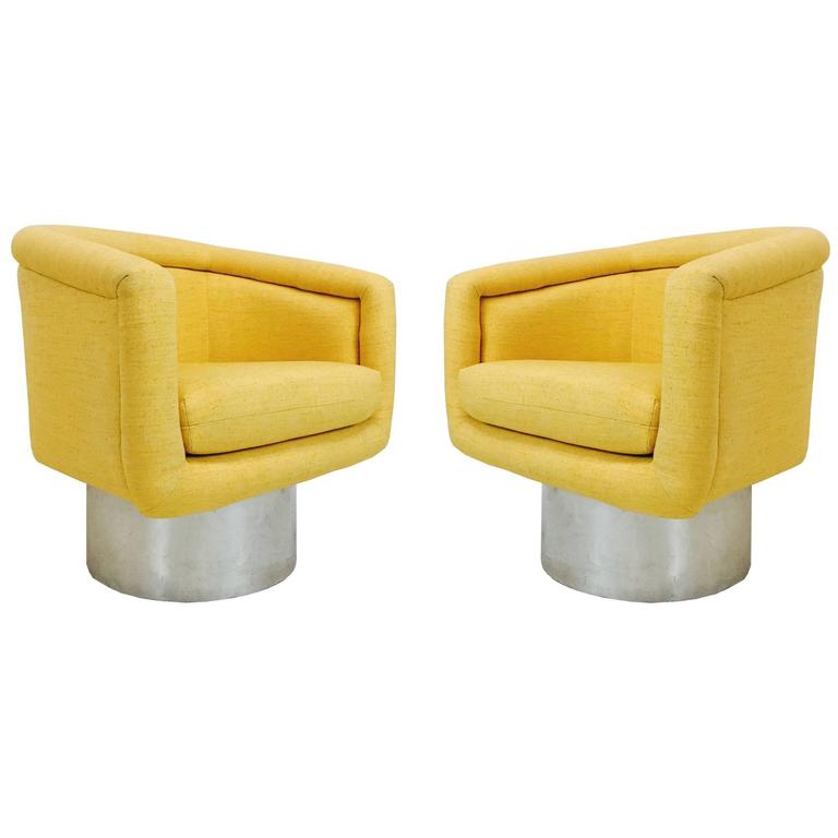 Pair of Swivel Chairs with Polished Steel Plinth Base by Leon Rosen for Pace